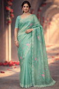 Mint Blossom Embroidered Organza Saree
