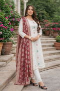 White Grace Kurta Set with Maroon Banarasi Dupatta