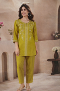 Olive Bloom Embroidered Cotton Short Kurti Set