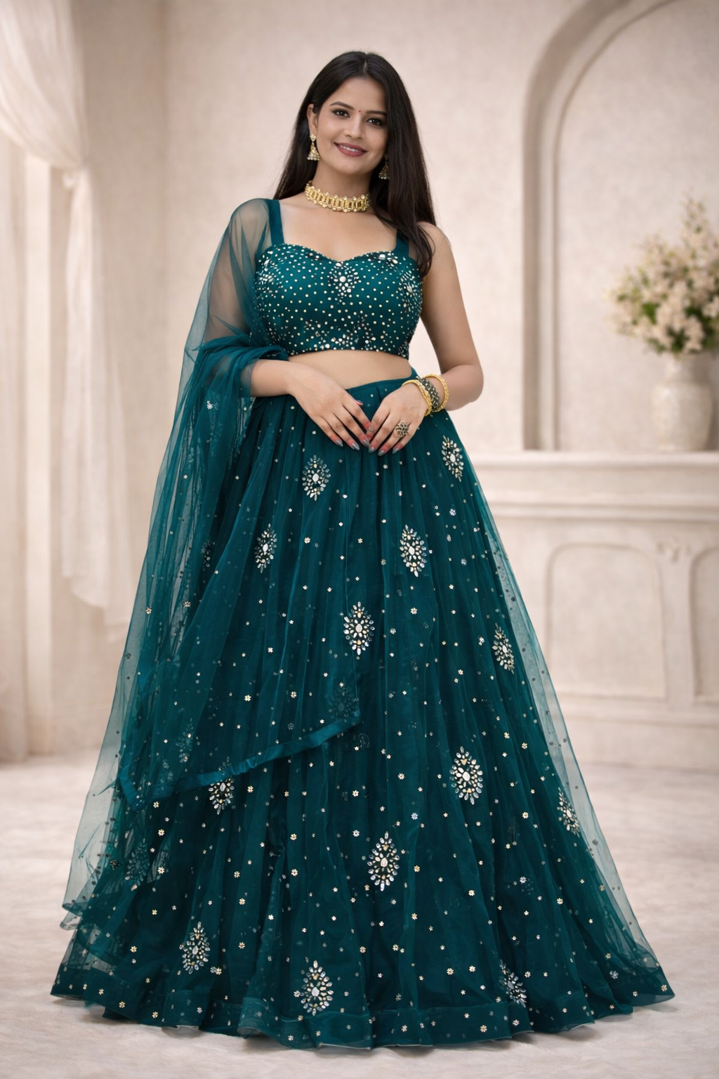 Emerald Glow Embellished Net Lehenga Set