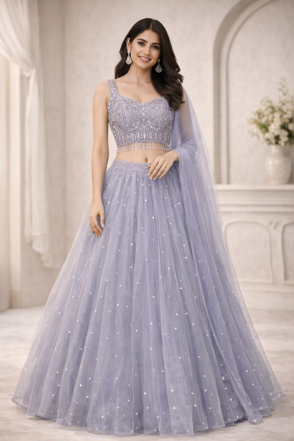 Moonlit Silver Embellished Net Lehenga Set