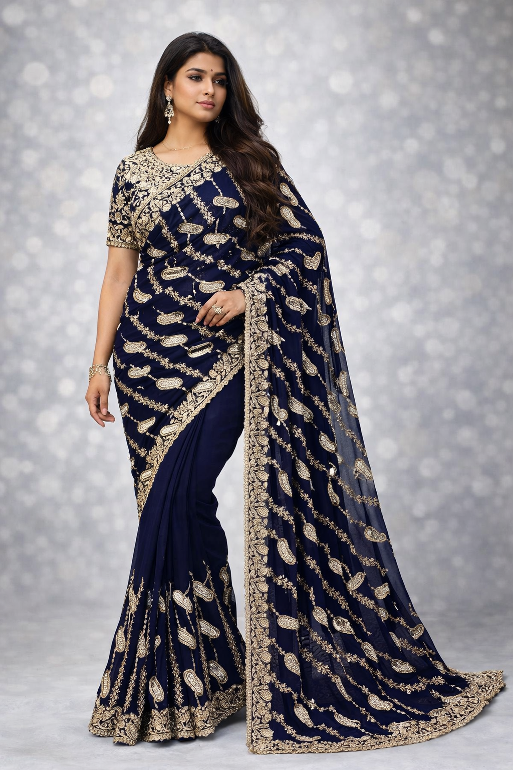 Noor Navy Blue Embroidered Party Wear Saree