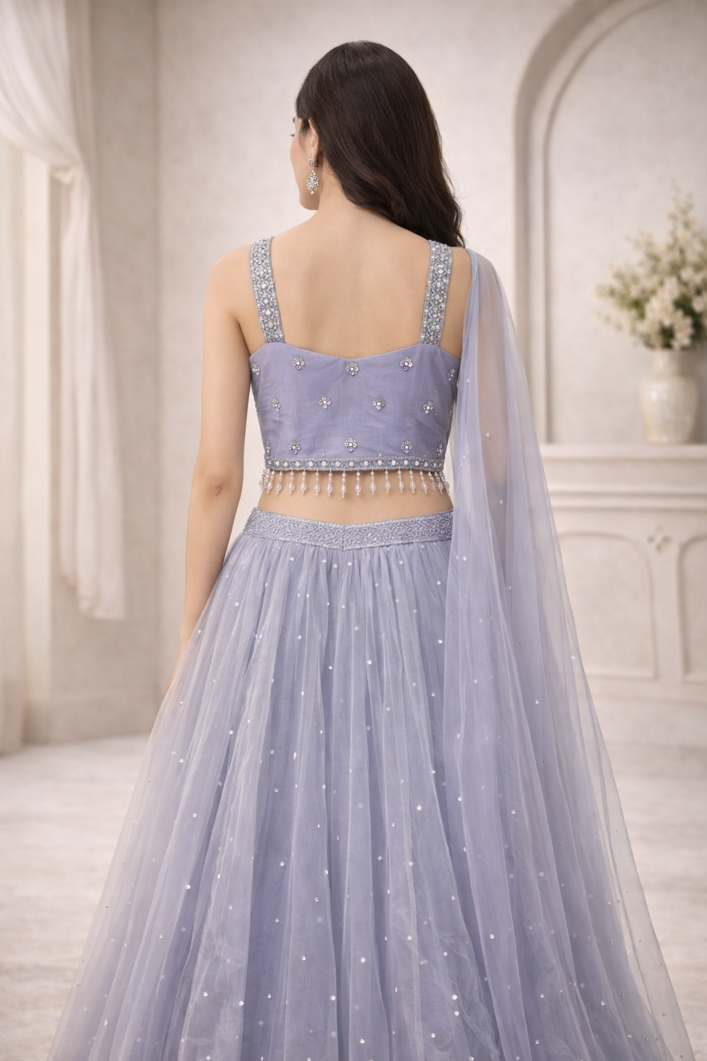 Moonlit Silver Embellished Net Lehenga Set